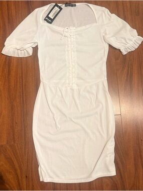 Nasty Gal White Ribbed Tie-Front Mini Dress